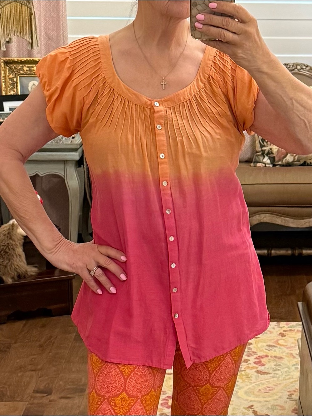 Soft Surroundings Orange to Pink Ombre Button-Front Blouse